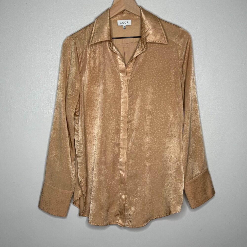 ACOA Womens Button Up Blouse Medium Gold Tan Dots Soft Suede Office 70s Minimal